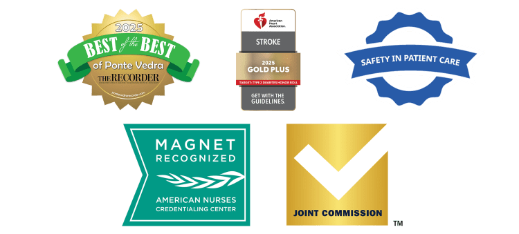 logos of awards Baptist Beaches has received from Ponte Vedra Recorder, American Heart Association, Joint Commission and Leapfrog.